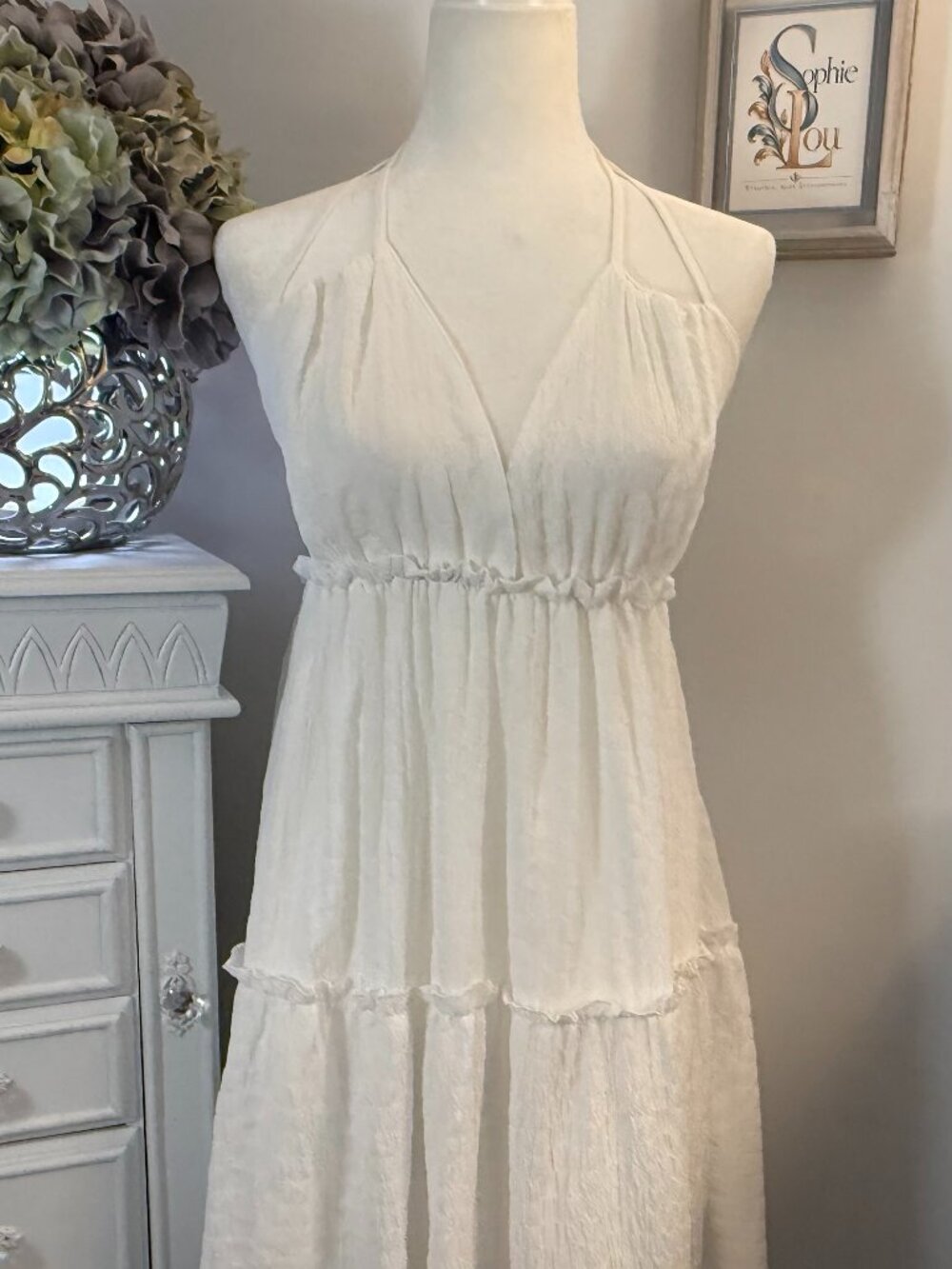 Ivory Textured Halter Sundress Open Back Ruffle Tier XL NWOT